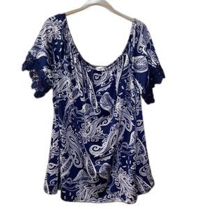 Stem & Vine Womans Career Boho Flowy Paisley Short Sleeve Blouse w Lace Detail